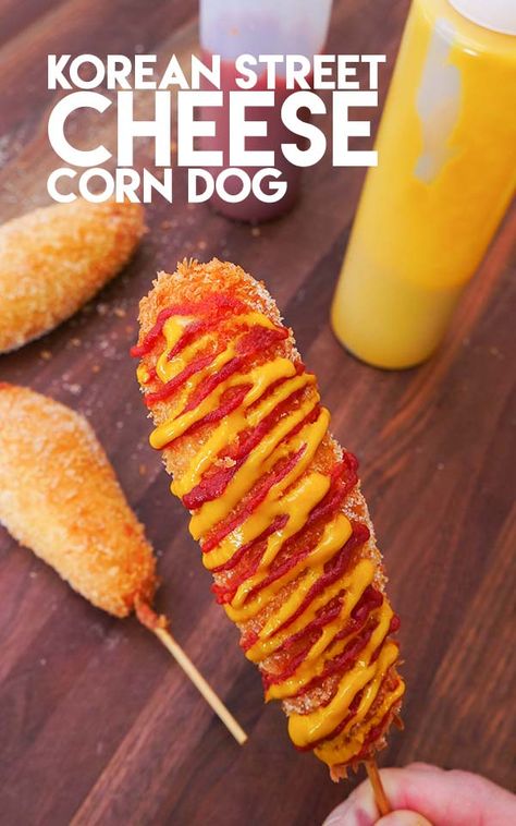 Korean Cheese Dog Recipe, Home Made Korean Corn Dogs, Corn Dog With Cheese, Korean Corn Dog Cheese, Cheese Corn Dogs Korean, Cheese Hot Dog Recipes, Korean Street Corn Dogs, Hot Dogs At Home, Korean Fried Cheese Stick