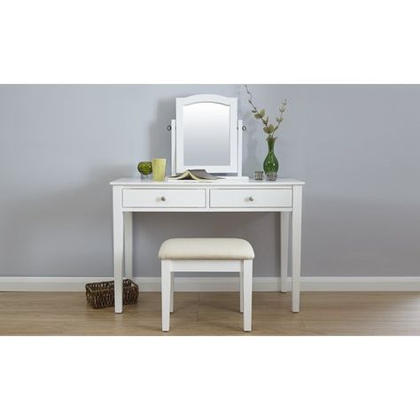 Andre Dressing Table Set with Mirror Riley Ave. Colour: Brilliant White Beautiful Bedroom Furniture, White Dressing Tables, Furniture Dressing Table, Neutral Furniture, Dressing Table Design, Slatted Headboard, White Bedroom Furniture, Dressing Table Set, Dressing Table Mirror