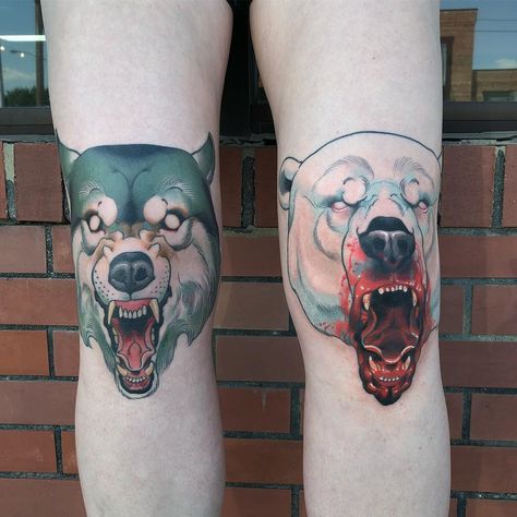 Fresh polar and healed wolf knees on Hannah. Thanks for toughing these out 💪 Wolf Knee Tattoo, Traditional Bear Tattoo, Polar Bear Tattoo, Illustrative Tattoos, Knee Tattoos, Animal Sleeve, Bear Tattoo Designs, Neo Tattoo, Animal Sleeve Tattoo