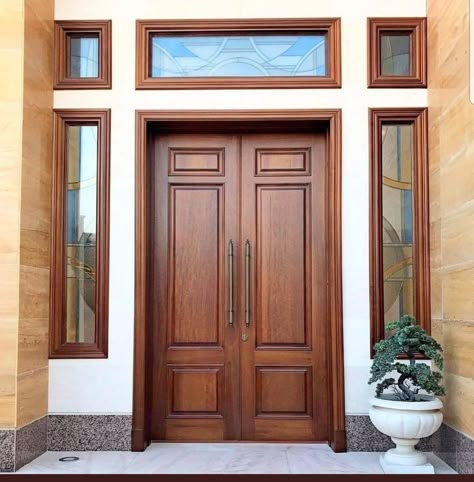 Main Door Ventilation Design, Sagon Wood Double Door Design, Wooden Main Door Design Entrance Modern Double, Front Double Door Design Wood, Wooden Main Double Door Design, Main Door Design Ideas, Door Designs For Home, Wooden Double Front Doors, Best Exterior House Paint