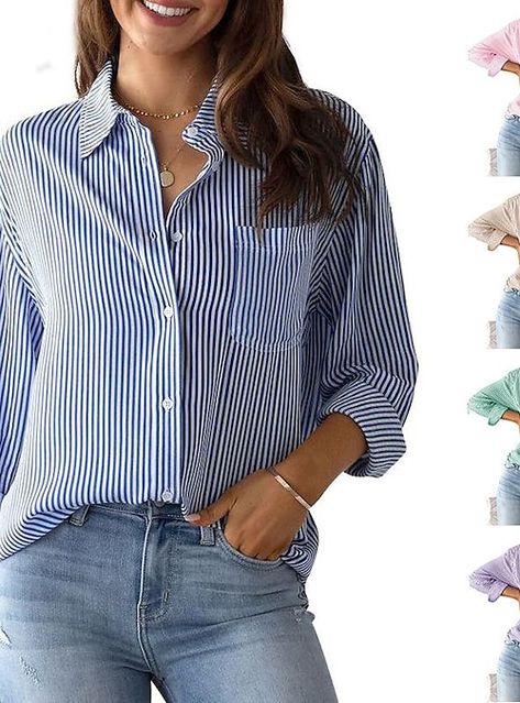 Winter Blouses, Women's Button Down Shirt, Casual Long Sleeve Shirts, Casual Cardigans, Plus Size Kleidung, Chic Outfit, Casual Stripes, Cardigan Top, Collar Blouse