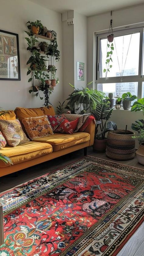 Homely and charming living room with mustard yellow sofa, patterned cushions, lush green plants, large window, and ornate rug, offering a cozy and inviting space for relaxation. Masculine Living Room Decor, Masculine Decor Living Room, Mustard Yellow Sofa, Mustard Sofa, Masculine Living Room, Masculine Living Rooms, Patterned Cushions, Earthy Living Room, Sofa Images