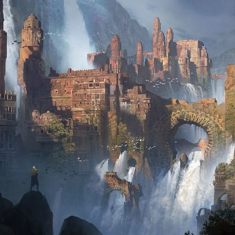 Waterfall ruined Monastery setting to be found int he mountains for DnD / Pathfinder location with at least one thing living - probably not friendly! Rpg City, Location Inspiration, Fantasy City, Fantasy Castle, Fantasy Setting, Fantasy Places, A Castle, Fantasy Art Landscapes, Fantasy Concept Art