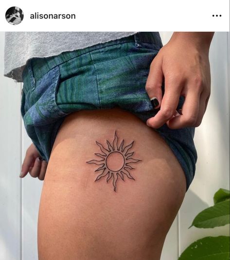 sun hip tattoo Hip Sun Tattoo, Sun Thigh Tattoo, Sun Tattoo Hip, Sun Hip Tattoo, Rising Sun Tattoos, Tattoo Hip, Sun Tattoos, Sun Tattoo, Hip Tattoo