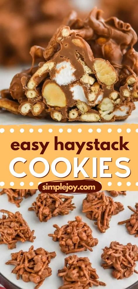 Add fun to your holidays by learning how to make haystack cookies! This cookie recipe is such a fun easy no-bake treat. Make it with the kids and they'll definitely love it! Be sure to save this pin for later! Peanut Haystacks Recipe, Chocolate Butterscotch Haystacks, Best Haystack Cookies No Bake, Hay Stack Cookies Recipes, No Bake Haystacks, Kid Friendly Holiday Baking, Christmas Haystacks Recipe, Easy Christmas Cookies For Exchange No Bake, Hay Stacks Recipe Haystack Cookies