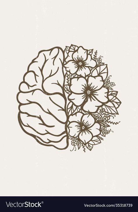 Neuro Embroidery, Brain Anerusym Tattoo, Beautiful Brain Tattoo, Half Brain Tattoo With Flowers, Neurology Tattoo, Psychiatrist Drawing, Flower Brain Tattoos, Brain With Flowers Tattoo, Floral Brain Tattoo