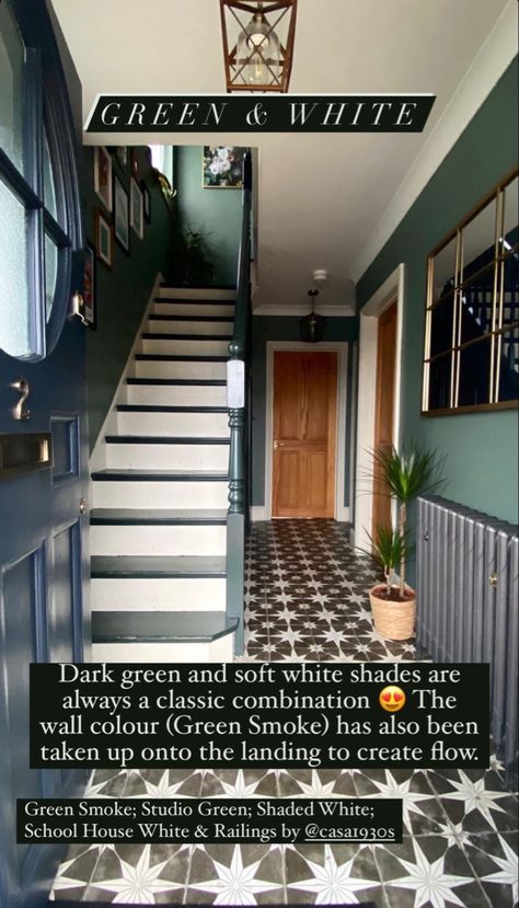 Dark Green Stairs And Landing, Green Hall Stairs And Landing, Green Panelled Hallway, Emerald Green Hallway, Victorian Hallway Green, Dark Hallway Paint Colors, Hallway Panelling Black Stairs, Dark Green Hallway, Green Hallway Ideas