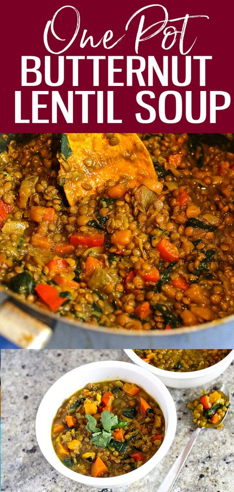 On a cold night, this Curried Butternut Squash and Lentil Soup hits the spot, especially if you are craving vegetarian comfort food with a kick! #butternutsquash #lentil #soup Squash And Lentil Stew, Lentils And Squash Recipe, Lentil And Squash Recipes, Lentil And Butternut Squash Recipes, Lentils And Squash, Squash And Lentil Soup, Lentil And Butternut Squash Soup, Butternut Squash And Lentils, Butternut Lentil Soup