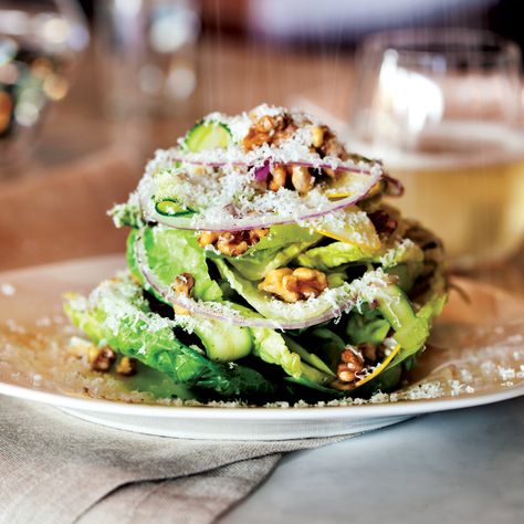 Nancy Silverton's lovely salad features Little Gem lettuce, a smaller, sweeter variety of romaine, along with yellow squash, toasted walnuts and pecorino. Little Gem Salad, Gem Salad, Salad With Lemon Vinaigrette, Great Salad Recipes, Nancy Silverton, Classic Caesar Salad, Antipasto Salad, Salad With Lemon, Green Salad Recipes