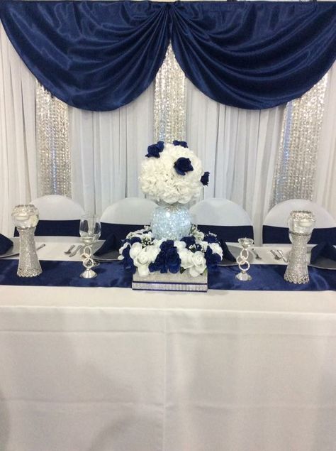 Navy blue and white wedding decor Navy Blue Silver And White Wedding, Dark Blue And White Wedding Theme, Navy Blue 15 Decorations, Navy Blue Quinceanera Ideas Decor, Navy Blue Party Theme, Navy Blue Quince Decorations, Navy Blue Quinceanera Decorations, Sapphire Decor, Dark Blue Quinceanera Theme