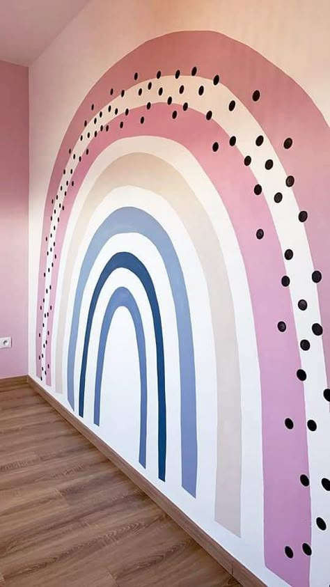 Rainbow Mural On Pink Wall, Simple Nursery Paint Ideas, Pink Room With Rainbow, Toddler Girl Bedroom Wall Ideas, Murals For Girls Bedroom, Rainbow Slat Wall, Girl Mural Bedroom Ideas, Girl Bedroom Walls Paint, Toddler Girl Room Paint Ideas