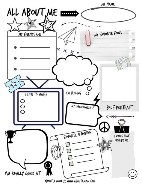 Kick off back to school with this fun "All About Me" activity page! This free All About Me printable activity page is a fun way for kids to express their feelings and creativity, and to create a special page that is all about them. Closure Activities For Students, Introduce Yourself Creative Student, About Me Poster, All About Me Poster, Dbt Therapy, All About Me Printable, All About Me Book, All About Me Worksheet, About Me Template