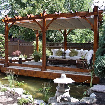 Outdoor Living Today 12-ft x 20-ft Cedar Breeze Pergola with Retractable Canopy | Lowe's Canada Solar Pergola, Pergola Modern, Curved Pergola, Small Pergola, Pergola Diy, Cedar Pergola, Pergola Swing, Retractable Pergola, Backyard Canopy