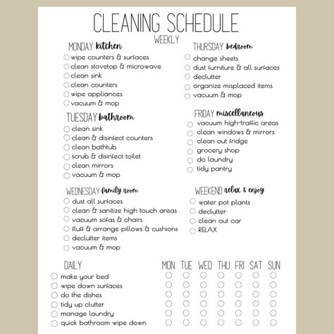 Transform Your cleaning routine with this 1 page cleaning checklist! Welcome to a world of simplicity and efficiency with the 1-Page Weekly Cleaning Checklist! Designed to streamline your cleaning routine, this versatile checklist is your key to a spotless and organized home. An easy to follow cleaning schedule to keep you on track with focused instruction with the ability to edit to customize for the needs of your own home.  Why Choose Our Cleaning Checklist? ✨ Simple and User-Friendly Design: Weekly Cleaning Routine Schedule, Simple Weekly Cleaning Schedule, House Chores List Cleaning Routines, Cleaning Chart For Adults, House Chores List For Adults, Basic Cleaning Checklist, Weekly House Cleaning Schedule, Cleaning House Checklist, Simple Cleaning Schedule