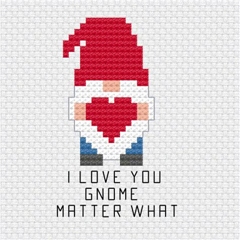 This cute valentine gnome is the latest addition to the pun and holidays cross stitch pdf pattern series I am building up for my patrons I love you gnome matter what cross stitch pdf pattern - Ringcat Small Gnome Cross Stitch Pattern, Gnome Counted Cross Stitch Patterns, Cross Stitch Patterns Easy Simple, Valentines Cross Stitch Patterns Free, I Love You Cross Stitch, Small Christmas Cross Stitch Patterns Free, Valentine Cross Stitch Patterns Free, Valentines Cross Stitch Patterns, Mini Christmas Cross Stitch Patterns Free