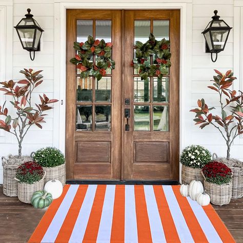 PRICES MAY VARY. 👍Built to Last:Our Orange and White Striped Outdoor Rug made of fabric cotton,thick and comfortable designed for a long-lasting life,great for everyday use. 🌈Seasonal Classic Design: of what your guest can expect ?Our Fall decor striped rug will effortlessly fashion a sense of charm and style in your home and add some fun & personality to your front door. Perfect for Fall, Halloween and Winter front porch decor! 🍂Multifunctional Autumn Doormat:This cute front door mat will re Pumpkin Front Porch Decor, Fall Front Porch Decor Mums And Pumpkins, Layered Welcome Mat Front Door Fall, Fall Front Porch Decor Purple Mums, Winter Front Porch Decor, Happy Fall Yall Porch Signs, Winter Front Porch, Porch Trees, Fall Porch Signs Wreaths & Garlands