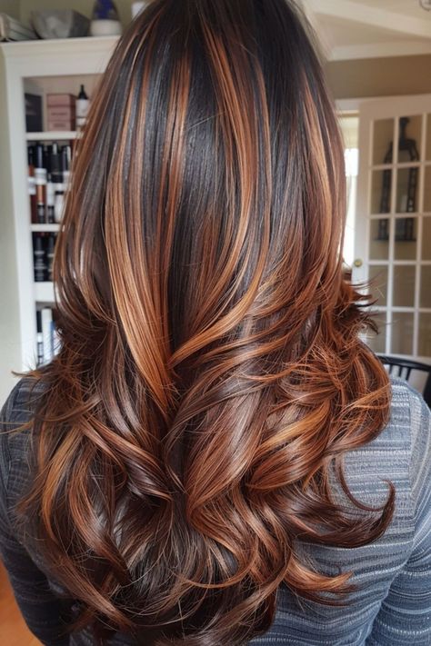 fall hair color ideas for brunettes #FallHairColors #BrunetteHair #AutumnHairTrends #WarmTones #BrunetteBalayage #RichShades #SeasonalHair #HairInspo #CaramelHighlights #ChocolateBrownHair Dark Brown Hair With Red And Blonde Highlights, Red Hair Highlights On Brown Hair, Fall Hair For Brunettes, Copper Highlights On Dark Hair, Brunette Red Highlights, Copper Brunette Hair, Dark Caramel Balayage, Dark Hair Hairstyles, Copper Brown Hair Color