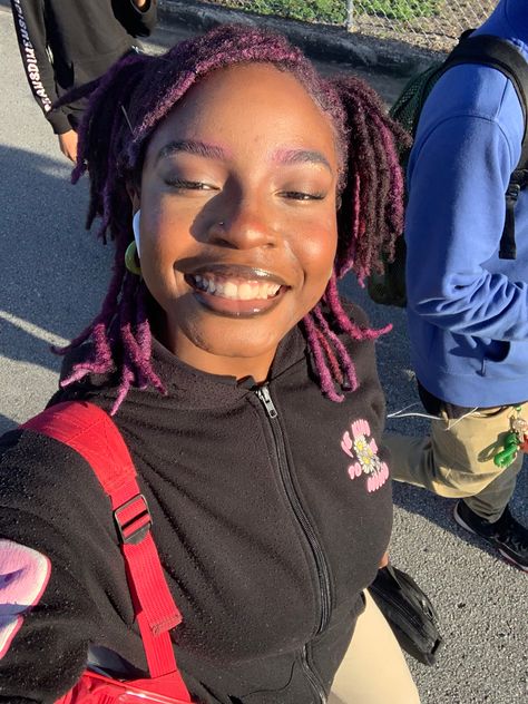 Locs Purple, Purple Loc Tips, Purple Hair On Black Hair, Purple Dyed Locs, Locs With Purple Tips, Pink And Purple Locs Black Women, Dark Pink Locs, Magenta Locs Black Women, Dark Purple Locs Black Women