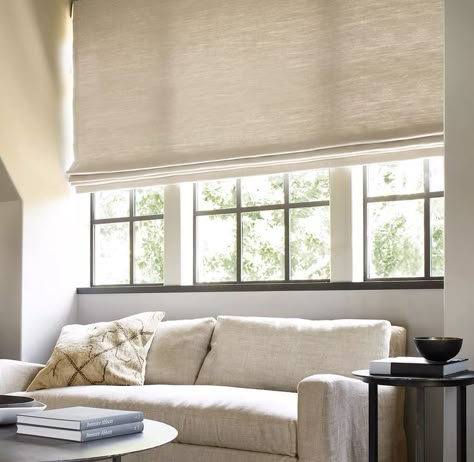 Large Roman Blinds, Large Windows Living Room, Big Windows Living Room, Roman Shades Living Room, Roman Blinds Living Room, Blinds For Large Windows, Flat Roman Shades, Modern Roman Shades, Linen Roman Shades