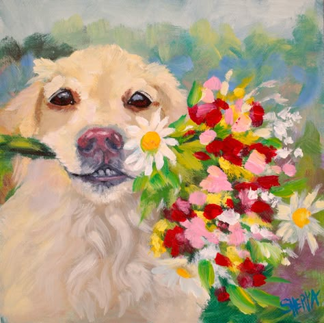 How to paint a Cute puppy with flowers  Daily Painting step by step Video Series for beginners. #AcrylicApril #AcrylicApril2019 #AcrylicAprilItsNoJoKe All of these Free fully guided art lesson's can be found on youtube and the Website. If you have any questions about using any Art Sherpa painting Design in a commercial setting Contact call 1-833-724-6888 we would be happy to answer labs@theartsherpa.com Dog Holding Flowers, Dog Acrylic Painting, 4d Art, Baby Animal Painting, Painting For Beginners Videos, Animal Painter, Canvas Painting For Beginners, Art Sherpa, Painting Step By Step