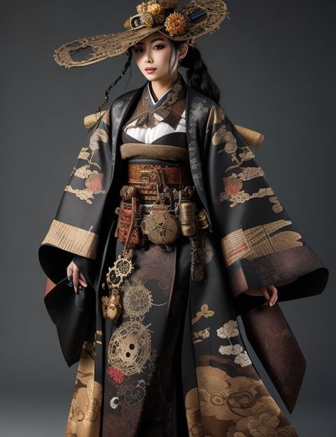 Steampunk Kimono, Steampunk Japan, Japanese Steampunk, Asian Steampunk, Fantasy Core, Steampunk Drawing, Asian Style Clothes, Steampunk Costumes, Steampunk Tattoo