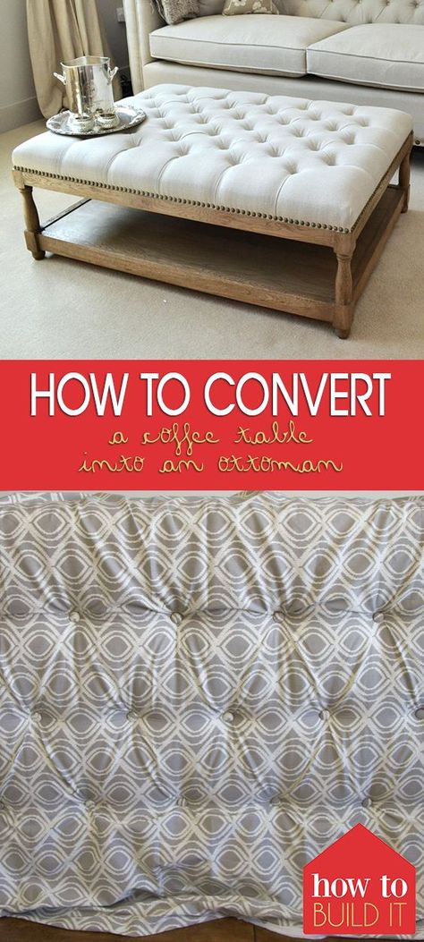 How to Convert a Coffee Table Into an Ottoman| DIY Home Decor, DIY Crafts, DIY Room Decor, Home Decor, Home Decor Ideas, Home Decor DIY, Home Decor Ideas DIY #HomeDecorDIY #DIYRoomDecor #DIYHomeDecor #DIYCrafts Diy Ottoman Coffee Table, Diy Pool Ideas, Diy Ottoman, Diy Artwork, Diy Pool, Diy Coffee Table, Upholstered Ottoman, Diy Table, Diy Home Decor Projects