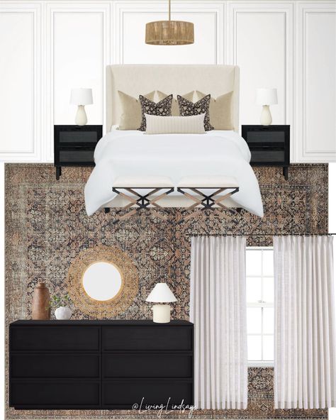 Bed And Rug, Lindsay Living, Black Nightstands, Black Dresser, Neutral Bedroom Decor, Big Room, Hm Home, Bedroom Drawers, Stunning Interior Design