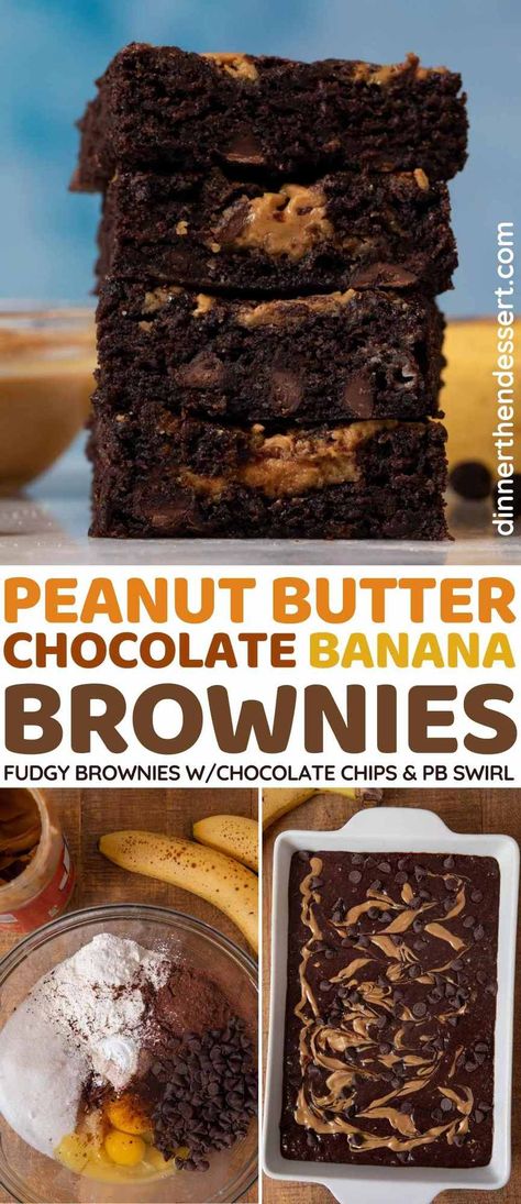 Peanut Butter Chocolate Banana Brownies are perfectly fudgy with chocolate chips and creamy peanut butter. It's the perfect way to use up ripe bananas! #dessert #brownies #peanutbutter #chocolate #banana #dinnerthendessert Bananas Dessert, Use Up Ripe Bananas, Chocolate Banana Brownies, Peanut Butter Chocolate Banana, Chocolate Cake Ideas, Cake Recipe Chocolate, Brownie Vegan, Ripe Banana Recipe, Banana Brownies