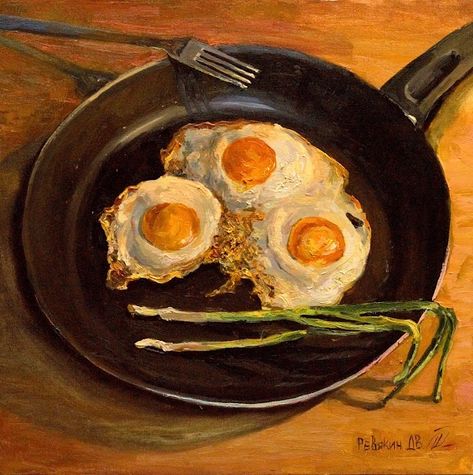 Fried eggs. Modern oil painting - Still life by Dmitry Revyakin | OpenSea Painting Teacher, Food Art Painting, Art Realism, Modern Impressionism, Cheap Paintings, Modern Oil Painting, Oil Painting For Sale, Fried Eggs, Egg Painting