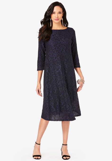 Look great from every angle in this charming allover lace dress in a swing silhouette. Boatneck neckline, three-quarter sleeves. Knit lining. Invisible No Waist Dress, Lace Dress Design, Plus Size Formal, Mothers Dresses, Career Dress, Swimsuits For All, Bride Dresses, Petite Dresses, Dress Suits