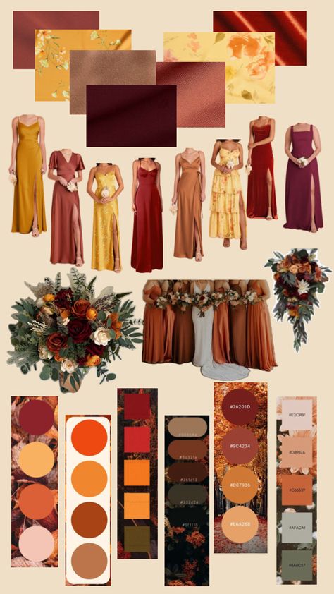 Fall Wedding Color Schemes October Bridesmaid Dress, Autumn Wedding Theme Color Schemes, Autumn Bridesmaid Dresses Color Palettes, Warm Color Wedding Theme, Bridesmaid Themes Color Schemes, 70s Wedding Color Palette, Mix And Match Bridesmaid Dresses Summer, Fall Bridesmaid Colors, Bridesmaid Dresses Mismatched Summer