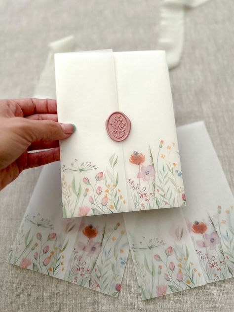 Wildflower Vellum Jacket 5x7 Invitation Wedding Invitation - Etsy Vellum Sleeve Wedding Invitations, Garden Themed Wedding Invitations, Romantic Garden Wedding Invitations, Colorful Floral Wedding Invitations, Floral Vellum Wedding Invitation, Bright Floral Wedding Invitations, Simple Floral Wedding Invitations, Wildflower Wedding Invites, Floral Wedding Invites