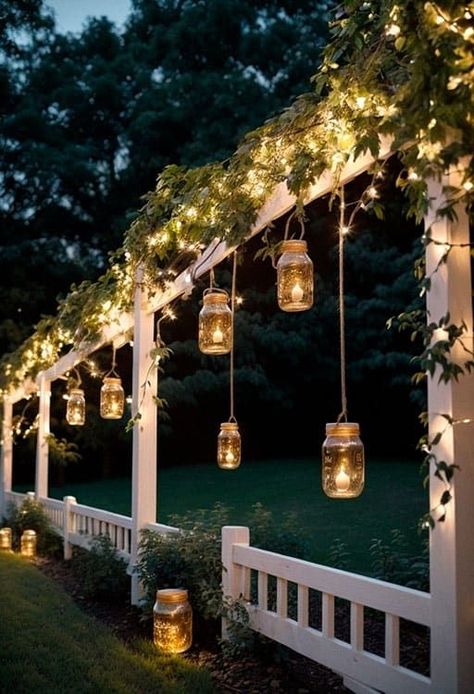 Backyard Lanterns Hanging, Lanterns In Garden, Mason Jar Lights Diy Hanging, Wedding Outdoor Lighting Ideas, Mason Jar Outdoor Lighting, Outside Lights Ideas, Garden Party Lights, Outdoor Lanterns Patio, Mason Jar Lights Outdoor