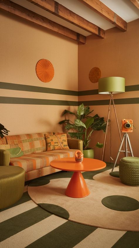 Step into the groove! Discover the best 70s-inspired fashion and decor trends to add vintage vibes to your life. Mid Century Studio Apartment Ideas, 70s Earthy Aesthetic, 70s House Interior Retro, 70s Groovy Aesthetic, 70s Style Interior Design, 70s Wall Paint, 70s Design Interior, 60s Decor Home, 70s Hallway