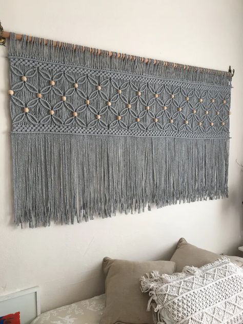 Gray Macrame Wall Hanging Headboard With Beads Beaded - Etsy Over Bed Art, Wall Hanging Headboard, Hanging Headboard, Headboard Modern, Macrame Headboard, Bed Art, Yarn Wall Art, Woven Decor, Macrame Wall Hanging Diy