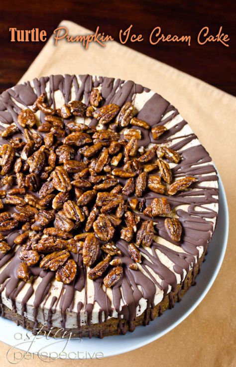 Turtle Pumpkin Ice Cream Cake: An Easy and Impressive #Thanksgiving Dessert | ASpicyPerspective.com #holidays #icecream #pumpkin Pumpkin Ice Cream Cake, Turtle Pumpkin, Turtle Ice Cream, Thanksgiving Desserts Pumpkin, Pumpkin Ice Cream, Ice Cream Cake Recipe, Ice Cream Cakes, Everything Pumpkin, Cream Cakes