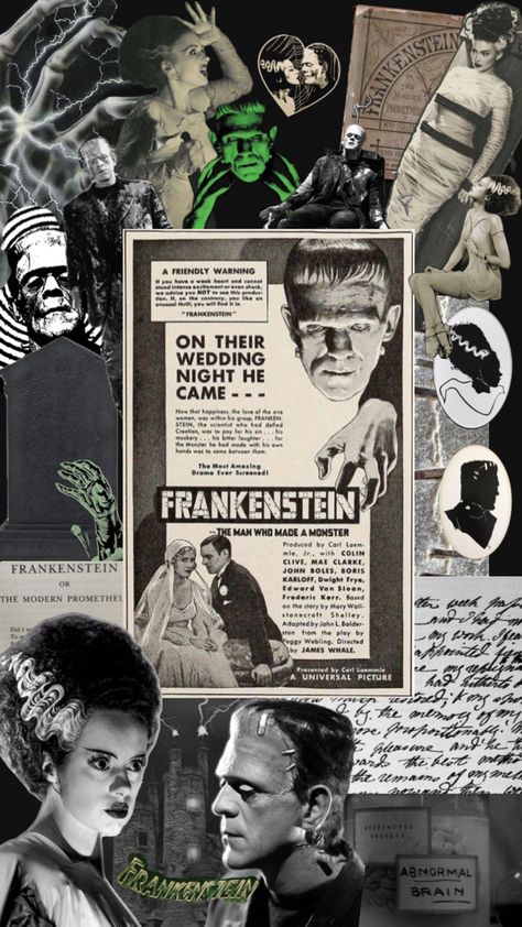 frankenstein aesthetic collage vintage horror film trending halloween Frankenstein Aesthetic Monster, Horror Movies Aesthetic, Young Frankenstein Movie, Vintage Horror Movies, Frankenstein Aesthetic, Aesthetic Monster, Aesthetic Movie, Movie Collage, Young Frankenstein