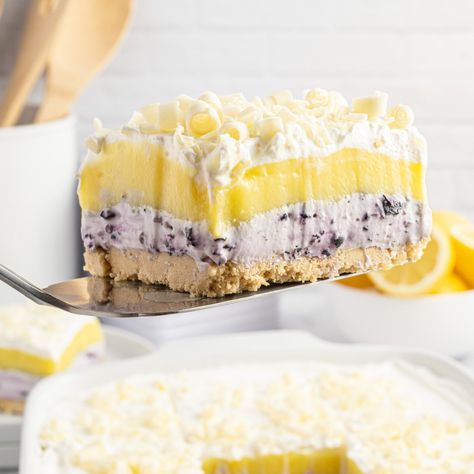 Lemon Blueberry Lush - My Incredible Recipes Blueberry Lemon Mousse, Lemon Blueberry Lush Dessert, Lemon Blueberry Lush, Lemon Blueberry Shortbread Mousse Cake, Lemon Blueberry Desserts, Blueberry Lush, Lemon Baking, Lemon Lush Dessert, Celebration Recipes