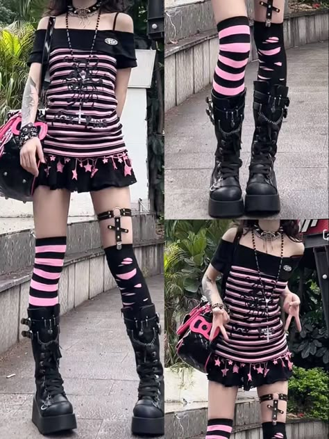 Dual Kawaii Aesthetic Outfits, Erokawa Outfits, Scene Inspo Outfit, Y2k Fashion Board, Pink Black White Outfit, Emo Pink Outfit, Creepy Cute Aesthetic Outfit, Emo Y2k Outfits Pink, Pink And Black Outfit Aesthetic