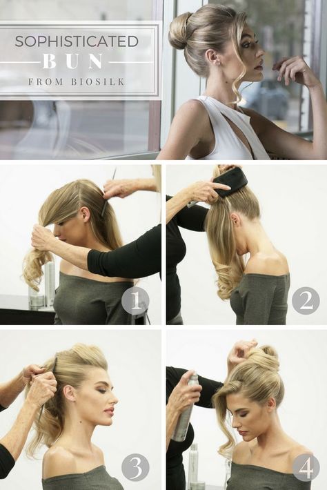 Learn how to create an effortless-looking updo with these step-by-step instructions from BioSilk. #professionalhairstyles Diy Bun Hairstyles, Step By Step Updos, Eye Makeup Silver, Donut Bun Hairstyles, Wedding Makeup Natural, Prom Hair Tutorial, Hairstyles Cut, Makeup Silver, Nice Buns