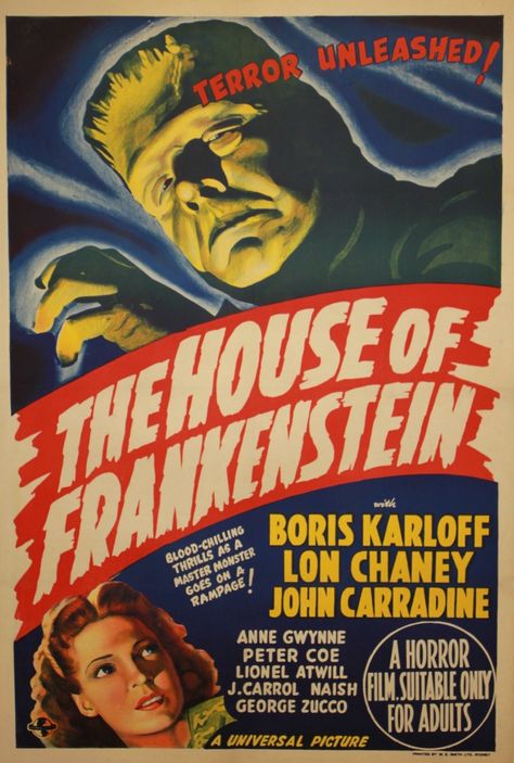 The House of Frankenstein (1944) via Australia House Of Frankenstein, Frankenstein Poster, Michael Oher, John Carradine, The Blind Side, Frankenstein Monster, Lon Chaney, Classic Horror Movies, Horror Movie Posters