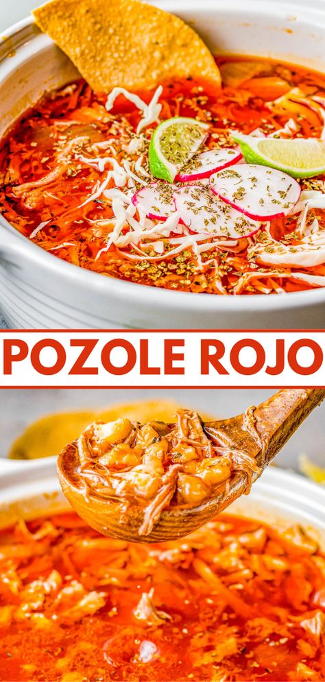 Pozole Rojo - This traditional Mexican soup features tender shredded pork, hominy, and more in a flavorful red chile broth! Learn how to make this authentic, rich and comforting, and very filling soup. It's perfect for chilly fall and winter nights! Easy to follow steps for either an INSTANT POT, SLOW COOKER, or STOVETOP! Crockpot Pozole Pork, Red Pozole Recipe Pork, Crockpot Pozole, Authentic Posole Recipe, Pozole Recipe Pork, Pozole Soup, Pork Pozole, Posole Recipe, Pozole Recipe