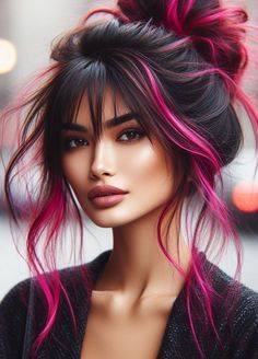 Haircuts For Women Curly Hair, Hot Pink Peekaboo Hair, Peekaboo Pink Hair, Short Haircuts For Women Curly, Spunky Hairstyles, Messy Bun With Bangs, Pelo Color Vino, Pink Hairstyles, Pink Hair Ideas