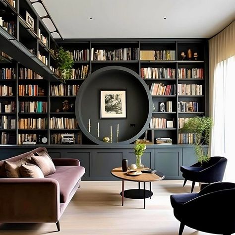 https://decomagz.com/50-dream-house-decor-ideas-that-will-inspire-your-ultimate-home/ Parisian Office Style Interior Design, Office And Library Combo, Built In Bookshelves Around Window, Entry Sitting Area, Library With Tv, Living Room With Library, Green Library Room, Entry Room Ideas, Office Library Combo