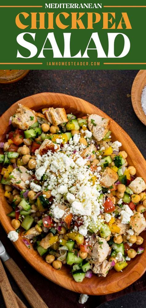 Mediterranean Chickpea Salad is the refreshing spring salad you'll love! Made with seasoned chicken breasts, chickpeas, and fresh veggies, and topped with lemon vinaigrette dressing, this simple chickpea salad is nothing but delicious and nutritious. Enjoy! Chic Pea Salad, Blueberry Spinach Salad, Keto Pasta Recipe, Lemon Vinaigrette Dressing, Mediterranean Chickpea, Mediterranean Chickpea Salad, Easy Chicken Breast, Seasoned Chicken, Weeknight Dinner Recipes Easy