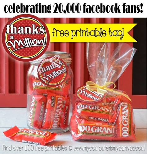 Thanks a Million FREE PRINTABLE tag - just print, trim and put ten 100 GRAND mini candy bars in a cello bag or mason jar... SO CUTE!! #mycomputerismycanvas 100 Grand Teacher Appreciation, 100 Grand Candy Bar Sayings Free Printable, 100 Grand Candy Bar Sayings, Candy Thank You Ideas, Candy Sayings, Candy Quotes, Thanks A Million, Lds Printables, Volunteer Gifts