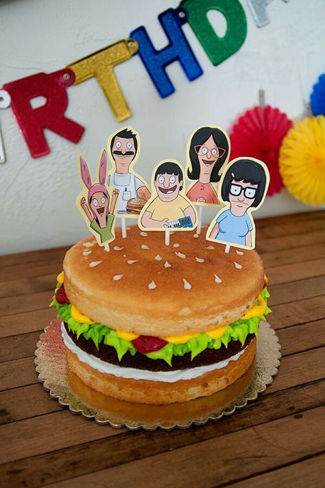 Bobs Burgers birthday cake Bobs Burger Birthday Party Ideas, Burger Content, Best Birthday Cake Images, 35th Birthday Cakes, Bob Burgers, Hamburger Cake, Birthday Cake Images, Burger Cake, Best Birthday Cake