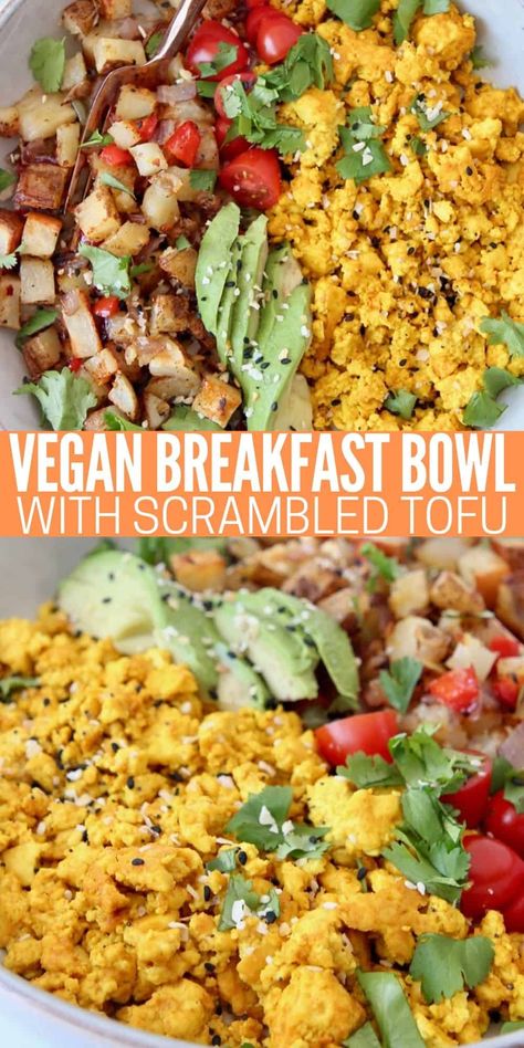 Make THE BEST Tofu Scramble and add it to a burrito bowl with roasted potatoes and avocado for an easy and delicious vegan breakfast recipe! The tofu scramble is seasoned with nutritional yeast and turmeric to give it a bright yellow, eggy color. This high-protein, gluten-free and vegan bowl is made in just 30 minutes and is perfect for breakfast, but also delicious for dinner! Sub the potatoes with spinach for a low carb bowl. Healthy Mexican Breakfast, Vegan Breakfast Tacos, Tofu Scramble Breakfast, Easy Vegan Breakfast, Tofu Scramble Vegan, Tofu Breakfast, Scrambled Tofu, Vegan Breakfast Easy, Mexican Breakfast