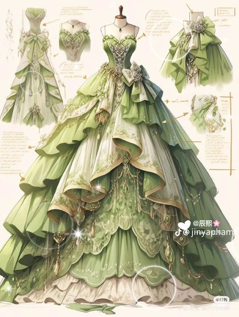 Green Fantasy Dress Drawing, Green Princess Dresses, Dreamy Gowns, Yearbook Quotes, Dress Design Drawing, Fairy Dresses, Fantasy Dresses, Fashion Drawing Dresses, Dress Design Sketches