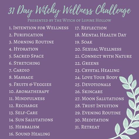 31 Day Witchy Wellness Challenge - July 2018 Wellness Challenge, Wiccan Spell Book, Witchcraft For Beginners, Mental Health Day, Spells Witchcraft, Nutrition Education, 31 Days, Sound Healing, 30 Day Challenge